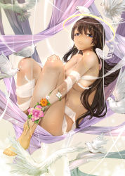 Rule 34 | 1girl, barefoot, bird, blue eyes, breasts, brown hair, circlet, dove, earrings, feathers, flower, halo, highres, jewelry, legs folded, long hair, looking at viewer, mikazuki akira!, naked ribbon, navel, nude, original, parted lips, ribbon, ring, shawl, solo, sparkle, very long hair