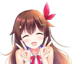 Rule 34 | 1girl, :d, ^ ^, blouse, blush, brown hair, closed eyes, commentary request, double v, hair flaps, hair ornament, hair ribbon, hololive, long hair, open mouth, red ribbon, ribbon, rocky0206, shirt, simple background, sleeveless, smile, solo, star (symbol), star hair ornament, tokino sora, tokino sora (1st costume), upper body, v, virtual youtuber, white background, white shirt