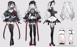 Rule 34 | 1girl, armband, azur lane, bare shoulders, black corset, black dress, black footwear, black gloves, black headwear, black thighhighs, boots, breasts, chain, clothing cutout, commentary request, corset, covered navel, cross, dress, elbe (azur lane), frilled dress, frills, full body, gloves, grey background, grey hair, hat, high heels, highres, impossible clothes, iron cross, large breasts, layered dress, leotard, long hair, multiple views, nekometaru, official art, peaked cap, purple eyes, red armband, revision, rudder footwear, shoulder cutout, simple background, sketch, skin tight, thighhighs, very long hair, white leotard, zettai ryouiki