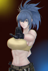 Rule 34 | 1girl, abs, artist request, bare shoulders, belt, blue eyes, blue hair, breasts, gloves, large breasts, leona heidern, midriff, muscular, muscular female, ponytail, serious, snk, solo, tank top, the king of fighters, the king of fighters xiv, the king of fighters xv, yellow tank top, yukimune