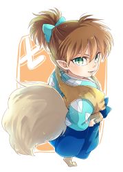 Rule 34 | 1boy, bow, brown hair, child, fox tail, full body, fur, green eyes, hair bow, hakama, hakama skirt, inuyasha, japanese clothes, looking at viewer, male focus, motobi (mtb umk), pointy ears, ponytail, shippou (inuyasha), short ponytail, simple background, skirt, slit pupils, solo, tail, traditional clothes, vest