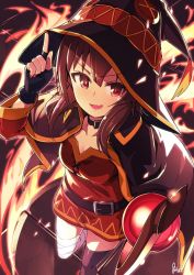 Rule 34 | &gt;:d, 10s, 1girl, :d, azumi akitake, bandaged leg, bandages, black hair, black thighhighs, cape, dress, fire, from above, hair between eyes, hat, highres, jpeg artifacts, kono subarashii sekai ni shukufuku wo!, looking at viewer, megumin, open mouth, red dress, red eyes, short dress, short hair, sidelocks, single thighhigh, smile, solo, staff, thighhighs, v-shaped eyebrows, witch hat