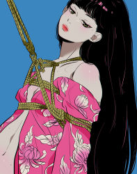 Rule 34 | 1girl, absurdres, bdsm, black hair, blue background, blunt bangs, blush, bondage, bound, breasts, expressionless, floral print, harness, highres, lips, long hair, mole, mole under eye, navel, open clothes, open robe, original, robe, rope, shibari, simple background, small breasts, solo, stephanie priscilla, very long hair, yellow eyes