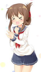 Rule 34 | &gt; &lt;, 10s, 1girl, blush, brown hair, closed eyes, folded ponytail, inazuma (kancolle), kantai collection, long hair, maccha, open mouth, ponytail, school uniform, solo, standing