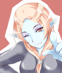 Rule 34 | 1girl, blue skin, colored skin, eyeshadow, fang, front ponytail, looking at viewer, makeup, microspace, midna, midna (true), nintendo, no headwear, one eye closed, orange hair, pointing, pointing at viewer, pointy ears, red eyes, smile, solo, spoilers, the legend of zelda, the legend of zelda: twilight princess, wink