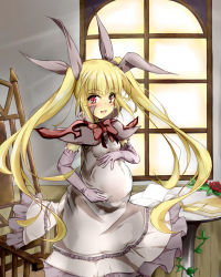 Rule 34 | 1girl, arc system works, blazblue, blonde hair, blush, book, breasts, capelet, chair, dress, elbow gloves, fang, flower, frills, gloves, hair ribbon, highres, long hair, open mouth, pregnant, rachel alucard, red eyes, ribbon, rose, small breasts, solo, twintails, valiant1227