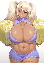 Rule 34 | 1girl, absurdres, animal ears, blonde hair, blush, breasts, cheerleader, cho!cho!, cleavage, cleavage cutout, clothing cutout, commentary request, cowboy shot, crop top, curvy, dark-skinned female, dark skin, green eyes, gyaru, hands up, highres, huge breasts, kogal, long hair, looking at viewer, microskirt, mole, mole on breast, navel, navel piercing, original, piercing, pleated skirt, pom pom (cheerleading), purple skirt, simple background, skirt, smile, solo, thighs, twintails, white background, wide hips