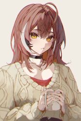 Rule 34 | 1girl, absurdres, black choker, black hair, blush, brown hair, choker, cup, highres, holding, holding cup, hololive, hololive english, jewelry, long hair, looking at viewer, multicolored hair, nanashi mumei, nanashi mumei (casual), naokomama, necklace, official alternate costume, simple background, solo, sweater, virtual youtuber, white background, white hair, yellow eyes