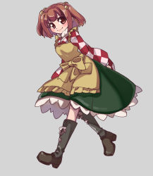 Rule 34 | 1girl, apron, bell, boots, brown eyes, brown hair, checkered clothes, checkered shirt, cross-laced footwear, frilled apron, frills, green skirt, hair bell, hair ornament, highres, knee boots, lace-up boots, looking at viewer, motoori kosuzu, one-hour drawing challenge, renshirenji, shirt, skirt, smile, solo, touhou, walking, yellow apron