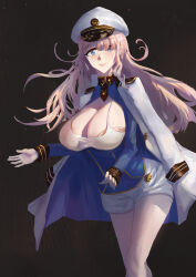 Rule 34 | 1girl, absurdres, black background, blue dress, blue eyes, bonrdgg, breasts, brown dust 2, center opening, closed mouth, dress, eyebrows hidden by hair, feet out of frame, gloves, hair over one eye, highres, jacket, jacket on shoulders, large breasts, light blush, lips, long hair, looking at viewer, military jacket, pink hair, shorts, smile, solo, sylvia (brown dust), white gloves, white jacket, white shorts