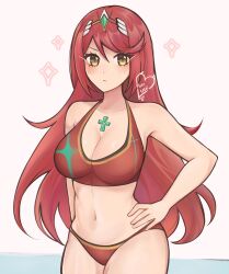 Rule 34 | 1girl, breasts, cosplay, cropped legs, gem, green gemstone, headpiece, highres, large breasts, long hair, looking at viewer, mythra (xenoblade), navel, purrlucii, pyra (xenoblade), pyra (xenoblade) (cosplay), red hair, simple background, standing, standing on liquid, swimsuit, tiara, v-shaped eyebrows, white background, xenoblade chronicles (series), xenoblade chronicles 2, yellow eyes