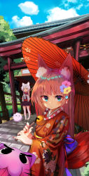 Rule 34 | 2girls, animal ears, bad id, bad pixiv id, bare shoulders, bell, black kimono, black skirt, blue bow, blue eyes, blush, bow, brown kimono, closed mouth, commentary request, creature, detached sleeves, floral print, fox ears, fox girl, fox tail, highres, holding, holding umbrella, japanese clothes, jingle bell, kimono, long sleeves, looking at viewer, marisayaka, multiple girls, oil-paper umbrella, original, pigeon-toed, pleated skirt, print kimono, red eyes, red umbrella, silver hair, skirt, sleeveless, sleeveless kimono, standing, tail, thighhighs, umbrella, white legwear, white sleeves, wide sleeves