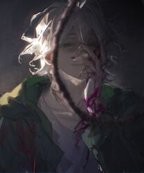 Rule 34 | 1boy, blood, blood on hands, chinese commentary, closed mouth, collarbone, commentary request, danganronpa (series), danganronpa 2: goodbye despair, gradient background, green jacket, grey hair, grey shirt, hair between eyes, highres, hood, hood down, hooded jacket, jacket, komaeda nagito, male focus, messy hair, open clothes, open jacket, pink blood, rope, shirt, smile, solo, tallplaycold