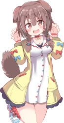 Rule 34 | 1girl, absurdres, animal ears, blush, brown eyes, brown hair, collar, commentary request, dog ears, dog girl, dog tail, dress, highres, hololive, inugami korone, inugami korone (1st costume), jacket, looking at viewer, open mouth, paw pose, red collar, red socks, shoes, short dress, smile, socks, tail, umberblack, virtual youtuber, white background, white dress, white footwear, yellow jacket