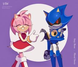 Rule 34 | amy rose, animal ears, animal nose, armor, artificial eye, artist name, blue armor, blush, boots, character name, claws, closed eyes, dress, fake animal ears, finger heart, fingernails, furry, furry female, gloves, hair ornament, hedgehog, hedgehog ears, hedgehog tail, highres, iron claw, jewelry, mechanic, mechanical arms, mechanical ears, mechanical eye, mechanical hands, mechanical legs, mechanical parts, metal sonic, pink fur, pink hair, pinkhibicus, red dress, red eyes, red footwear, ring, robot, screw, sega, sharp fingernails, short dress, short hair, shoulder armor, simple background, smile, sonic (series), tail, thumbs up, twitter username, white gloves, wrist cuffs