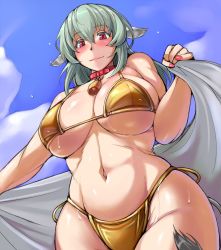 Rule 34 | 1girl, animal ears, bikini, blush, breasts, cloud, cow ears, cow tail, curvy, day, from below, grey hair, large breasts, long hair, looking at viewer, nail polish, navel, red eyes, rozen maiden, sky, smile, solo, suigintou, swimsuit, tail, towel, tsuda nanafushi, wet, wide hips, yellow bikini