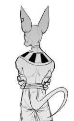 Rule 34 | 10s, 1boy, ass, back turned, beerus, crossed arms, dragon ball, dragon ball super, earrings, expressionless, greyscale, highres, jewelry, male focus, monochrome, pants, serious, simple background, solo, tail, umelim, upper body, white background