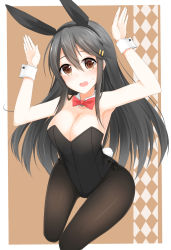 Rule 34 | 10s, 1girl, animal ears, bare shoulders, black hair, blush, bow, bowtie, breasts, brown eyes, rabbit ears, cleavage, detached collar, fake animal ears, hair ornament, hairband, hands up, haruna (kancolle), highres, kantai collection, large breasts, long hair, looking at viewer, open mouth, pantyhose, playboy bunny, raised hands, sakikumo (sakumo), solo, wrist cuffs
