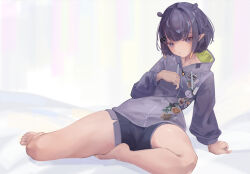 Rule 34 | 1girl, :/, arm support, bare legs, barefoot, blue eyes, blue shorts, bob cut, breasts, closed mouth, dolphin shorts, feet, grey hoodie, grey shorts, hololive, hololive english, hood, hoodie, long sleeves, looking at viewer, lounging, meiyan (boyimachao), ninomae ina&#039;nis, ninomae ina&#039;nis (loungewear), official alternate hair length, official alternate hairstyle, pointy ears, purple hair, short hair, shorts, sitting, small breasts, solo, sticker, tentacle hair, thighs, toes, virtual youtuber