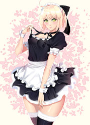 Rule 34 | 1girl, ahoge, alternate costume, apron, bad id, bad pixiv id, black bow, black dress, black ribbon, black thighhighs, blonde hair, blush, bow, breasts, choker, closed mouth, cowboy shot, dress, fate/grand order, fate (series), floral background, frills, hair bow, half updo, holding, koha-ace, large breasts, looking at viewer, maid, maid apron, maid headdress, okita souji (fate), okita souji (koha-ace), puffy short sleeves, puffy sleeves, red lips, ribbon, shei99, short dress, short hair, short sleeves, solo, thighhighs, waist apron, white apron, wrist cuffs, yellow eyes