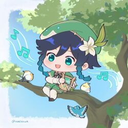 Rule 34 | 1boy, :d, androgynous, aqua eyes, aqua hair, bird, black hair, braid, branch, brooch, brown footwear, cape, chibi, collared cape, commentary, english commentary, flower, frilled sleeves, frills, full body, genshin impact, gradient hair, green cape, green shorts, hair between eyes, hat, hat flower, holding, holding instrument, in tree, instrument, jewelry, juliet sleeves, loafers, long sleeves, lyre, male focus, multicolored hair, musical note, narisawr, open mouth, pantyhose, puffy sleeves, second-party source, shirt, shoes, short hair with long locks, shorts, sitting, sitting in tree, sky, smile, solo, tree, twin braids, venti (genshin impact), white flower, white pantyhose, white shirt