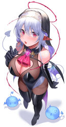Rule 34 | 1girl, absurdres, amahara subaru, black dress, black footwear, black gloves, blue hair, blush, bodystocking, boots, breasts, cleavage, commentary request, demon girl, demon tail, demon wings, dress, elbow gloves, gloves, hair between eyes, halo, highres, large breasts, long hair, looking at viewer, open mouth, original, red eyes, simple background, slime (creature), solo, standing, tail, thigh boots, white background, wings