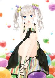 Rule 34 | /alv, 1girl, absurdres, ankle ribbon, bare shoulders, black dress, blue eyes, blush, breasts, candy, candy wrapper, collarbone, dress, feet, food, food-themed hair ornament, hair ornament, highres, holdign, holding, kani biimu, leg ribbon, legs, lining, lollipop, long hair, looking at viewer, original, ribbon, sandals, scan, silver hair, sitting, small breasts, solo, striped clothes, striped dress, toes, twintails, vertical-striped clothes, vertical-striped dress