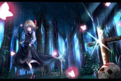 Rule 34 | 1girl, :d, bad id, bad pixiv id, black skirt, black vest, blonde hair, blood, bug, butterfly, cross, forest, full body, glint, graveyard, hair ribbon, highres, insect, iori (htukiyahirou), letterboxed, long sleeves, mary janes, nature, open mouth, red footwear, ribbon, rumia, shirt, shoes, short hair, skirt, skull, smile, touhou, tree, vest, white shirt