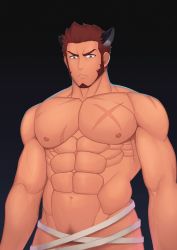 Rule 34 | 1boy, abs, absurdres, bandages, bara, beard, biceps, blue eyes, brown hair, censored, facial hair, fate/grand order, fate (series), glaring, halloween costume, highres, large pectorals, long sideburns, looking at viewer, male focus, mikicat, muscular, napoleon bonaparte (fate), navel, nipples, nude, open clothes, pectorals, scar, sideburns, simple background, sky, solo, standing, veins