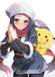 Rule 34 | 1girl, absurdres, akari (pokemon), bad id, bad pixiv id, black hair, black sash, blush, cowboy shot, creatures (company), galaxy expedition team survey corps uniform, game freak, gen 1 pokemon, grey eyes, head scarf, highres, kokenashi, long hair, looking at viewer, nintendo, on shoulder, open mouth, own hands clasped, own hands together, pikachu, pokemon, pokemon (creature), pokemon legends: arceus, pokemon on back, red scarf, sash, scarf, white background, white headwear
