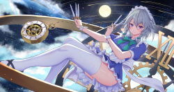 Rule 34 | 1girl, blue eyes, braid, breasts, cocoablue23, hair between eyes, highres, holding, holding knife, izayoi sakuya, knife, looking at viewer, maid, maid headdress, medium breasts, moon, resolution mismatch, short sleeves, sky, smile, solo, source smaller, thighhighs, touhou, twin braids, white hair, wrist cuffs