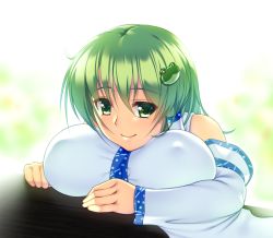 Rule 34 | 1girl, bad id, bad pixiv id, breast rest, breasts, breasts on table, detached sleeves, frog hair ornament, green eyes, green hair, hair ornament, hair tubes, impossible clothes, ketsushi, kochiya sanae, large breasts, looking at viewer, matching hair/eyes, self pillow, shirt, sitting, smile, solo, table, touhou, white shirt