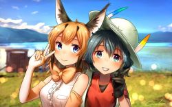 Rule 34 | 10s, 2girls, animal ears, backpack, bag, bare shoulders, black gloves, black hair, blonde hair, blue eyes, blue hair, blue sky, blurry, blurry background, bow, bowtie, bucket hat, caracal (kemono friends), center frills, commentary, day, depth of field, elbow gloves, fang, frills, gloves, green eyes, grin, hair ornament, hat, hat feather, kaban (kemono friends), kemono friends, looking at viewer, medium hair, multicolored hair, multiple girls, outdoors, red shirt, shirt, short hair, short sleeves, signature, sky, sleeveless, sleeveless shirt, smile, t-shirt, traditional bowtie, upper body, v, welt (kinsei koutenkyoku), white hat, white shirt