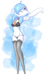 Rule 34 | 1girl, absurdres, ahoge, alternate color, arms up, black bra, black panties, black thighhighs, blue background, blue hair, blush, bra, breasts, cameltoe, cleft of venus, closed eyes, collarbone, creatures (company), female focus, game freak, gardevoir, gen 3 pokemon, groin, hair over one eye, highres, knees together feet apart, lace, lace bra, legs, light blush, lingerie, medium breasts, medium hair, navel, nintendo, nipples, o-ring, one eye covered, open mouth, panties, pokemon, pokemon (creature), polyvoir, raised eyebrows, see-through-bra, see-through panties, shiny pokemon, side-tie panties, solo, standing, stomach, stretching, string panties, teeth, thighhighs, thighs, underwear, underwear only, wavy mouth, yawning