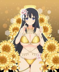 Rule 34 | 1girl, armband, bare hips, bare legs, bare shoulders, belly chain, bikini, black hair, blue eyes, cleavage cutout, bracelet, breasts, cameltoe, cleavage, finger on face, flower, hair flower, hair ornament, halo, hands up, jewelry, large breasts, long hair, looking at viewer, ryouki (senran kagura), senran kagura, micro bikini, smile, solo, sunflower, swimsuit, thick thighs, thighband, thighs, underboob