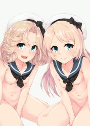 Rule 34 | 2girls, :d, absurdres, adapted costume, alakoala, artist name, blonde hair, blue eyes, blue sailor collar, blush, breasts, collarbone, commentary request, dated, groin, hat, highres, janus (kancolle), jervis (kancolle), kantai collection, long hair, multiple girls, navel, nipples, nude, open mouth, pussy, sailor collar, sailor hat, short hair, signature, small breasts, smile, swimsuit, white headwear