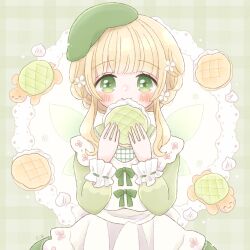Rule 34 | 1girl, animal, beret, blonde hair, blush, braid, bread, collared dress, cream, dress, eating, flower, food, frilled sleeves, frills, green eyes, hair flower, hair ornament, hat, highres, hiiragi hinana, holding, holding food, looking at viewer, melon bread, original, pinafore dress, ribbon, ribbon-trimmed sleeves, ribbon trim, sleeve cuffs, sleeveless dress, smile, solo, turtle, updo