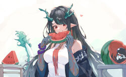 Rule 34 | 1girl, arknights, arm tattoo, bare shoulders, bead bracelet, beads, bitey (arknights), black hair, black jacket, blue skin, blush, bracelet, breasts, cleavage cutout, clothing cutout, colored skin, commentary request, dragon girl, dragon tail, dress, dusk (arknights), earrings, eating, food, food on face, fruit, green hair, heart, highres, horns, jacket, jewelry, large breasts, lolifreak, long hair, multicolored hair, multicolored skin, open clothes, open jacket, pointy ears, red eyes, simple background, streaked hair, tail, tassel, tassel earrings, tattoo, upper body, very long hair, watermelon, watermelon seeds, watermelon slice, white dress