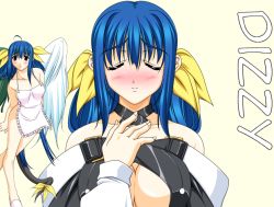 Rule 34 | 1girl, apron, arc system works, asymmetrical wings, blue hair, blush, dizzy (guilty gear), closed eyes, guilty gear, naked apron, racco, red eyes, ribbon, solo, tail, tail ornament, tail ribbon, wings
