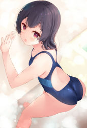 Rule 34 | 1girl, ass, black hair, blue one-piece swimsuit, breasts, commentary request, competition swimsuit, komone ushio, leaning forward, long hair, looking at viewer, one-piece swimsuit, open mouth, original, red eyes, small breasts, solo, standing, swimsuit