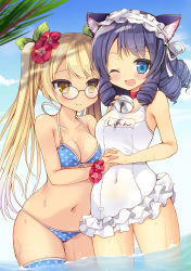 Rule 34 | 10s, 2girls, ;d, animal ears, bad id, bad pixiv id, bell, bikini, black hair, blonde hair, blue eyes, blush, breasts, casual one-piece swimsuit, cat ears, choker, cleavage, collarbone, covered navel, curly hair, cyan (show by rock!!), day, drill hair, flower, frilled swimsuit, frills, front-tie top, glasses, gradient background, hair flower, hair ornament, hairband, halterneck, hibiscus, highres, holding hands, lolita hairband, long hair, looking at viewer, medium breasts, mori airi, multiple girls, navel, neck bell, nontraditional school swimsuit, one-piece swimsuit, one eye closed, open mouth, outdoors, polka dot, polka dot bikini, polka dot legwear, polka dot swimsuit, retoree (show by rock!!), school swimsuit, short hair, show by rock!!, sky, smile, standing, string bikini, swimsuit, translated, twintails, wet, white one-piece swimsuit, white school swimsuit, yellow eyes