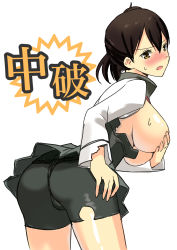 Rule 34 | 1girl, ass, bike shorts, blush, brown eyes, brown hair, commentary request, cosplay, covering privates, covering breasts, cowboy shot, embarrassed, hair between eyes, headband, headgear, highres, kaga (kancolle), kantai collection, legs apart, looking at viewer, masukuza j, pleated skirt, skirt, solo, standing, taihou (kancolle), taihou (kancolle) (cosplay), thighhighs, torn bike shorts, torn clothes, translated, white background