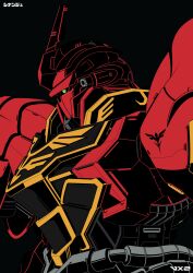 Rule 34 | absurdres, black background, commentary, english commentary, green eyes, gundam, gundam unicorn, highres, horns, insignia, looking ahead, mecha, mobile suit, neo zeon, no humans, one-eyed, robot, science fiction, simple background, sinanju, single horn, upper body, voxiela