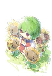 Rule 34 | 1girl, ascot, crossover, flower, fumo (doll), ge dazuo, green hair, highres, kazami yuuka, long sleeves, open clothes, open vest, outdoors, plants vs zombies, red eyes, red skirt, red vest, shirt, signature, skirt, skirt set, solo, sunflower, sunflower (plants vs zombies), touhou, vest, white shirt, yellow ascot