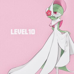 bad_id bad_twitter_id bob_cut bonnet colored_skin creatures_(company) dress flower game_freak gardevoir gardevoir_(fashionable) gen_3_pokemon green_hair green_skin hair_over_one_eye hat hat_flower highres looking_at_viewer multicolored_skin naitou86056360 nintendo pink_background pink_eyes pink_flower pokemon pokemon_(creature) pokemon_unite simple_background smile two-tone_skin white_dress white_skin