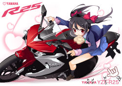 Rule 34 | 10s, 1girl, black hair, blazer, bow, bread slice, food, food in mouth, gradient background, hair bow, heart, heart background, jacket, looking at viewer, love live!, love live! school idol project, motor vehicle, motorcycle, mouth hold, red eyes, school uniform, solo, toast, toast in mouth, twintails, vehicle, yamaha, yazawa nico, yoshiwo, yzf-r25