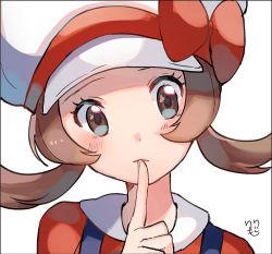 Rule 34 | 1girl, bad id, bad pixiv id, bow, brown eyes, brown hair, cabbie hat, closed mouth, creatures (company), finger to mouth, frown, game freak, hat, hat bow, head tilt, highres, index finger raised, long hair, looking at viewer, lyra (pokemon), nintendo, pokemon, pokemon hgss, portrait, red bow, ririmon, simple background, solo, twintails, upper body, white background, white hat