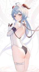 Rule 34 | 1girl, ahoge, airool, ass, backless leotard, bare shoulders, blue hair, closed mouth, commentary request, flower, from behind, ganyu (genshin impact), genshin impact, hair flower, hair ornament, highres, horns, leotard, long hair, looking at viewer, looking back, pink flower, red eyes, skindentation, smile, solo, very long hair, white leotard