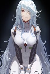 Rule 34 | 1girl, absurdres, alternate hair length, alternate hairstyle, ayanami rei, blue hair, bodysuit, breasts, commentary, crying, crying with eyes open, evangelion: 3.0+1.0 thrice upon a time, hair over one eye, highres, interface headset, long hair, messy hair, neon genesis evangelion, nicporim, plugsuit, rebuild of evangelion, red eyes, signature, solo, tears, very long hair, white bodysuit