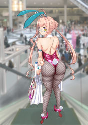 Rule 34 | 1girl, adapted costume, ahoge, animal ears, ass, bag, blue-framed eyewear, blurry, blurry background, commentary request, detached collar, double bun, fake animal ears, fishnet pantyhose, fishnets, from behind, full body, glasses, grey pantyhose, hair bun, kantai collection, kazagumo (kancolle), kishinami (kancolle), leotard, looking back, makigumo (kancolle), moke ro, one-piece thong, pantyhose, photo background, pink hair, playboy bunny, purple leotard, rabbit ears, rabbit tail, shopping bag, solo, strapless, strapless leotard, tail, thighband pantyhose, thong leotard, twintails, wrist cuffs, yellow eyes